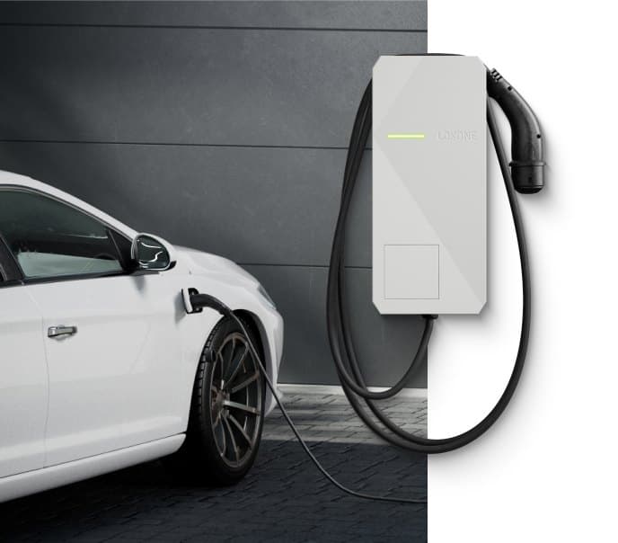 Loxone energy management dashboard showing solar, battery and EV charging flows