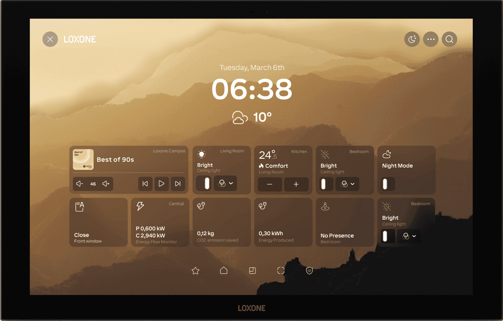 Loxone Wall Display 10 inch in Ambient Mode with a custom background, clock and favourite shortcuts